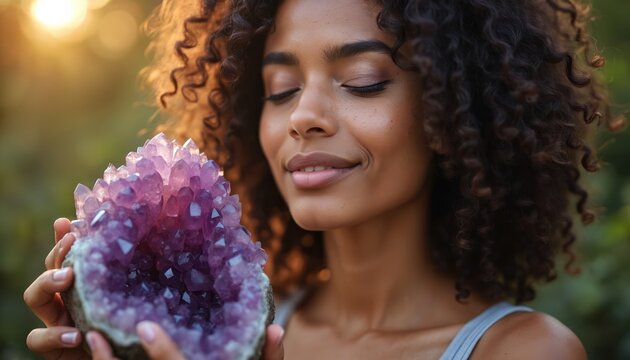 Young woman holds large amethyst crystal close eyes. Spiritual lady enjoys purple crystal energy outdoors in sunlight. Female embraces gem stone therapy in nature.