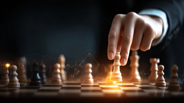 close-up of a well-dressed hand (representing a business look) placing a strategic chess piece on a board, symbolizing a step to success through careful planning. The chess board is overlaid 