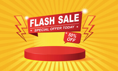 Flash sale special offer today 50% off banner and red podium
