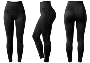 Three views of black leggings isolated on transparent background