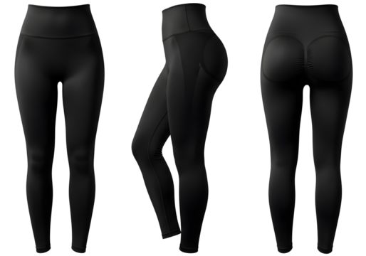 Three views of black leggings isolated on transparent background