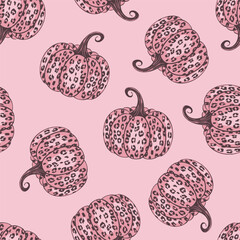 Pink Halloween Cheetah Print Pumpkin Vector seamless pattern coquette leopard print for fabric