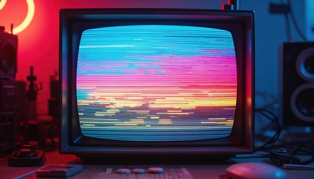 Old CRT television displays colorful glitch art on screen. Modern mouse and vintage controls sit on desk in dim creative workspace. Neon light glows.