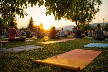 Serene outdoor park at sunrise, featuring a group practicing yoga on colorful mats, radiating tranquility and unity