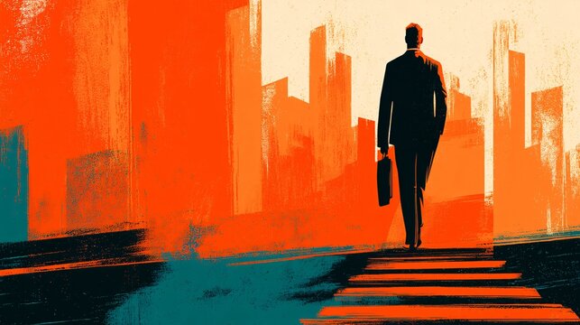 business professional climbing upward stairs made of abstract blocks symbolizing progress and achievement, modern city skyline background, concept of growth, leadership, and determination toward 