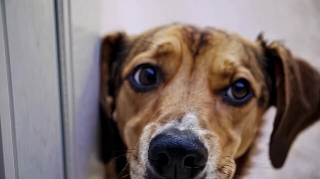 The video captures a close-up of a dog's expressive face, highlighting its curious eyes and playful demeanor. Shot from a low camera angle.