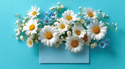 Blank card with gift box and blue envelope in soft floral arrangement featuring fresh white daisies for elegant celebration, greeting card design, and spring-themed decorative composition
