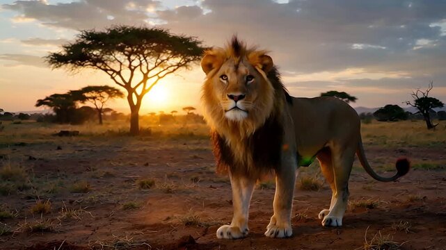 Dawn's Dominion: A Lion's Majestic Survey of the African Savanna at Sunrise, Capturing Primal Beauty.
