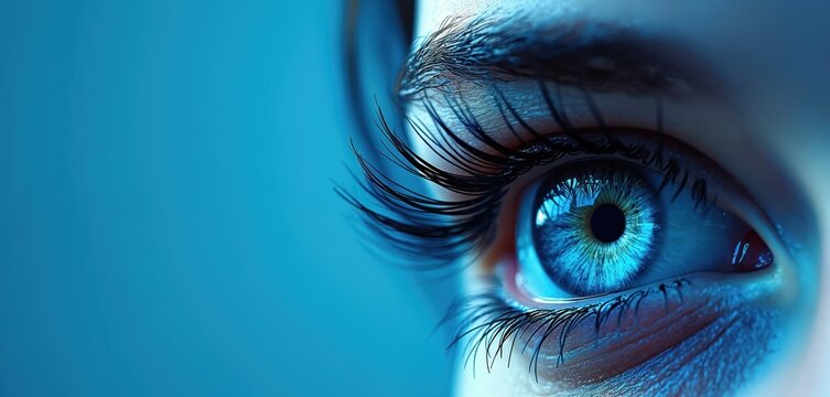 Close up macro shot of vibrant blue human eye iris. Detailed eyelashes and skin texture. Medical opthalmology concept, visual data processing, sight and vision. - Powered by Adobe