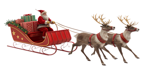 Santa Claus riding in a red sleigh pulled by four reindeer, isolated on transparent background. Traditional Christmas scene with Santa delivering gifts. Festive holiday concept with realistic 3D rende
