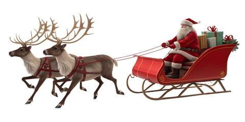 Santa Claus riding in a red sleigh pulled by four reindeer, isolated on transparent background. Traditional Christmas scene with Santa delivering gifts. Festive holiday concept with realistic 3D rende