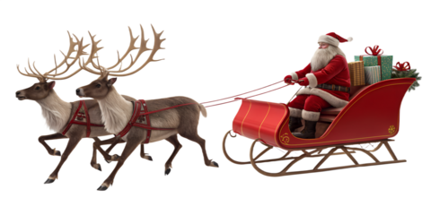 Santa Claus riding in a red sleigh pulled by four reindeer, isolated on transparent background. Traditional Christmas scene with Santa delivering gifts. Festive holiday concept with realistic 3D rende
