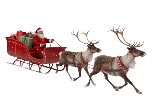 Santa Claus riding in a red sleigh pulled by four reindeer, isolated on transparent background. Traditional Christmas scene with Santa delivering gifts. Festive holiday concept with realistic 3D rende