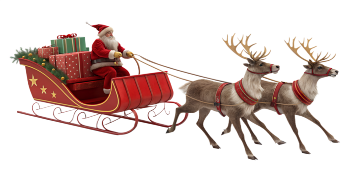Santa Claus riding in a red sleigh pulled by four reindeer, isolated on transparent background. Traditional Christmas scene with Santa delivering gifts. Festive holiday concept with realistic 3D rende