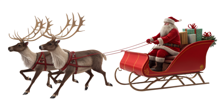 Santa Claus riding in a red sleigh pulled by four reindeer, isolated on transparent background. Traditional Christmas scene with Santa delivering gifts. Festive holiday concept with realistic 3D rende