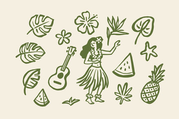 Hula girl tropical doodle elements hand drawn vector illustration © Victoria