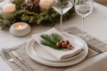 A minimalist holiday table setting with soft, warm lighting, featuring simple white dishes and natural greenery, creating an inviting atmosphere