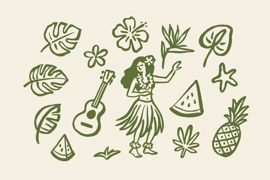 Hula girl tropical doodle elements hand drawn vector illustration