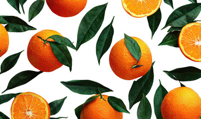 Fresh oranges and leaves, vibrant citrus pattern