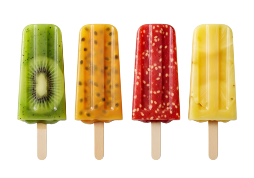 Four colorful fruit popsicles isolated on transparent background - Powered by Adobe