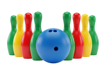 Colorful bowling pins and ball arranged in a semi circle isolated on transparent background