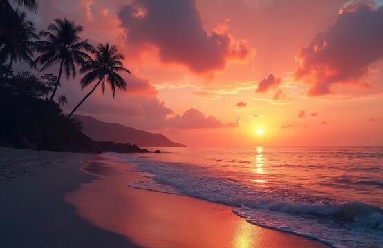 Tropical beach at sunset with silhouetted palm trees. Calm ocean waves wash onto sand. Orange sun dips below horizon painting sky with vibrant colors. Mountains in background under dramatic clouds.