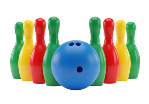 Colorful bowling pins and ball arranged in a semi circle isolated on transparent background
