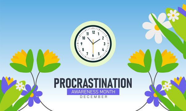 Procrastination Awareness Month Poster Banner and Background Abstract Design Template Featuring Clock Calendar and Lazy Character Illustration for Time Management Productivity Motivation and Self Impr