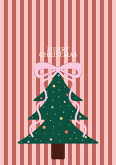 Merry Christmas Holiday Card Design with Modern Tree, Pink Bow, and Vertical Red Stripes Background