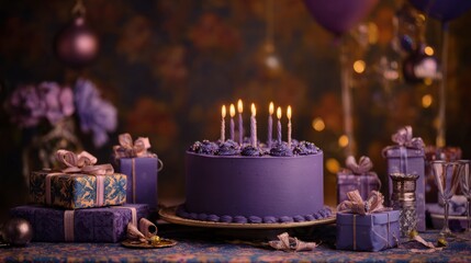 Festive purple birthday cake with lit candles surrounded by wrapped gifts on a colorful celebration table for parties and special occasions