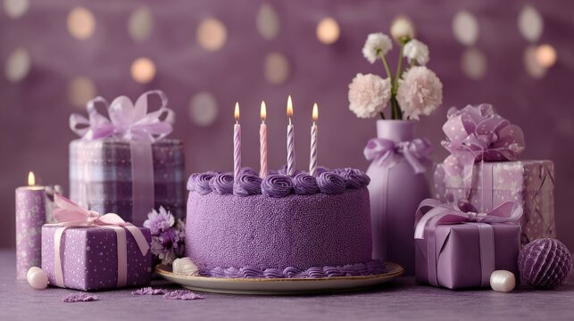 Festive purple birthday cake with lit candles surrounded by wrapped gifts on a colorful celebration table for parties and special occasions - Powered by Adobe