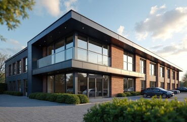 Fototapeta premium Exterior of modern brick business building with parking. Corporate office has glass windows, metal panels and greenery. Facade shows design and architectural style for business development.