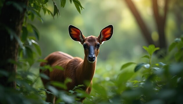 Close up of okapi in green forest. Animal with striped legs in nature. Okapi looking at camera. Rare ungulate mammal stands among green plants in wilderness. Forest fauna wildlife.
