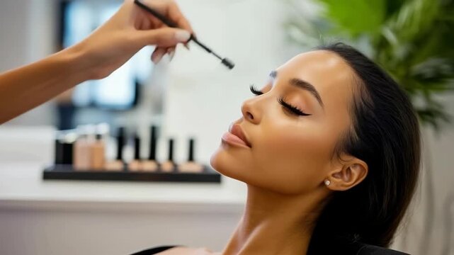 Professional makeup application at a beauty studio in the morning