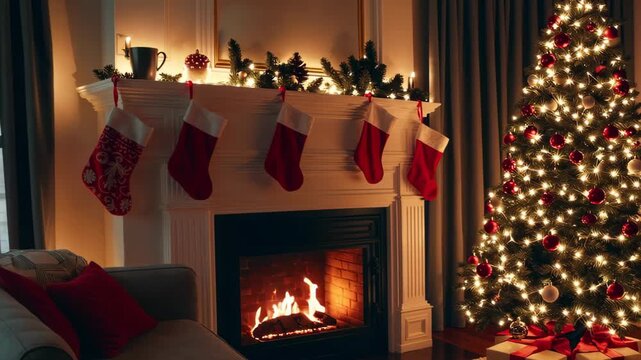 Cozy Living Room with Fireplace and Christmas Tree