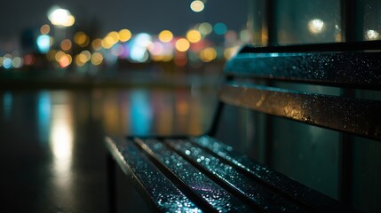 Rainy night at a park bench with blurred city lights in the background