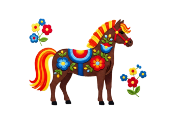 Colorful folk art horse with floral decorations isolated on transparent background