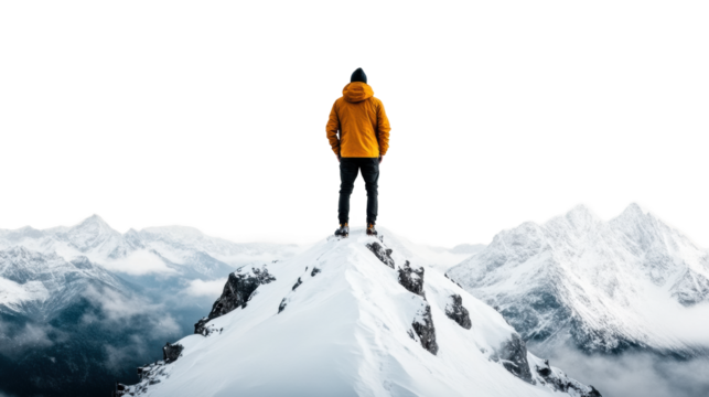 Mountain Adventure on Snowy Peak, Man in Orange Jacket on Transparent Background
