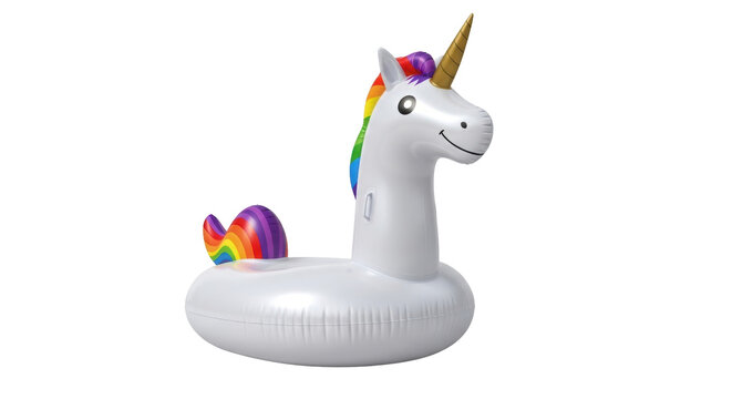 Isolated unicorn pool float for summer fun, leisure, swimming, and relaxing in the sun