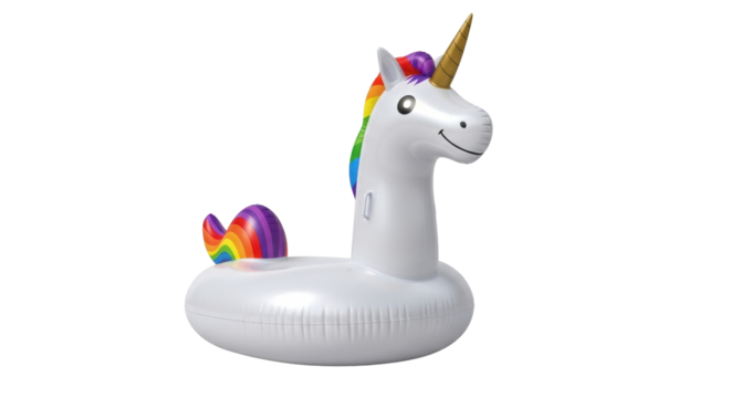 Isolated unicorn pool float for summer fun, leisure, swimming, and relaxing in the sun