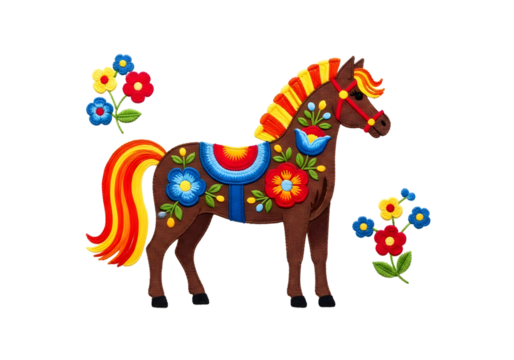Colorful folk art horse with floral decorations isolated on transparent background