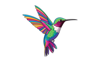 A vibrant and colorful hummingbird with outstretched wings hovers mid-air.