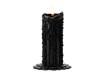 Black dripping candle with flame isolated on transparent background