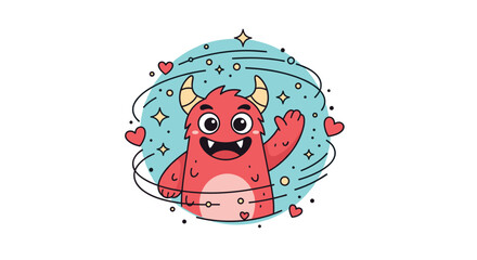 A friendly red monster with horns and a big smile waves hello in a whimsical circular design with hearts and stars.