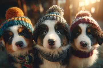 Cute puppies with holiday hats, soft focus, warm golden lighting, intimate close-up composition, cheerful and playful vibe