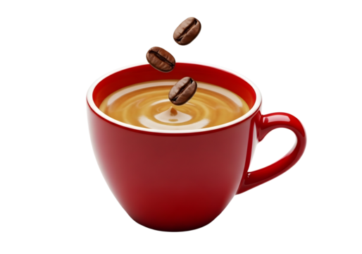 Red coffee cup with falling coffee beans isolated on transparent background
