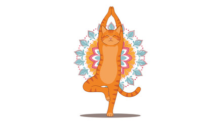 A joyful ginger cat gracefully performs a tree pose yoga in front of a decorative mandala design.