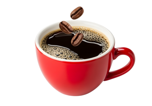 Red coffee cup with falling coffee beans isolated on transparent background