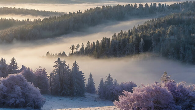 Snowy mountain forest wrapped in layered morning fog, with soft pastel light illuminating frosted trees in the valley. - Powered by Adobe