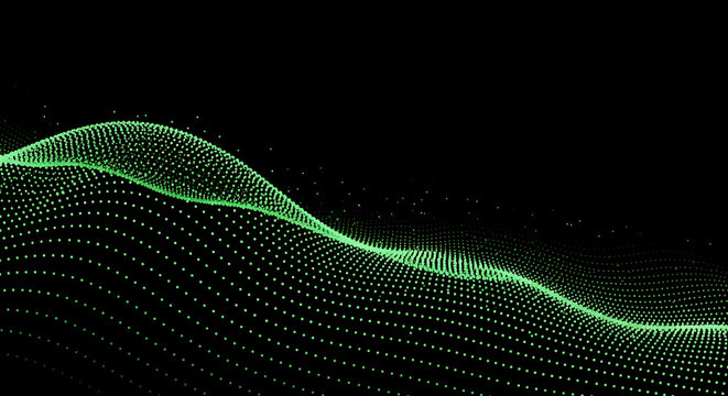 Green Waveform Digital Particles on Black Background - Powered by Adobe